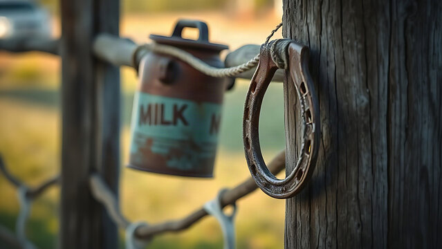 Weathered wooden fence post with a rusty milk can and an old horseshoe.