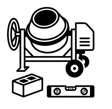 Cement mixer vector illustration with concrete block and spirit level