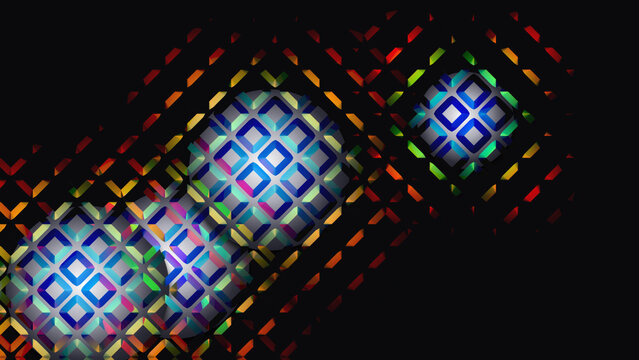 A stunning abstract fractal glass texture featuring vibrant glowing geometric patterns created as a high quality 3d render on a deep black background