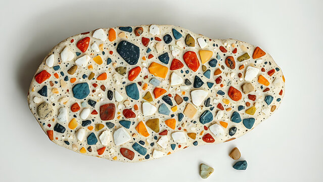 Polished slab of breccia stone with colorful embedded fragments.