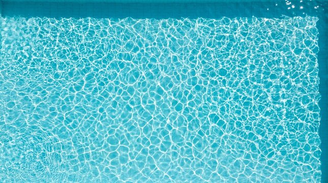 High angle top view of blue swimming pool water with edge frame and sunny caustics pattern