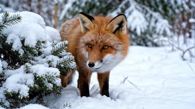 Curious Red Fox Peeking from Snowy Bush in Winter Forest
