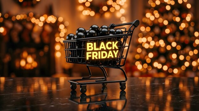 Black friday shopping cart filled with black ornaments in festive setting