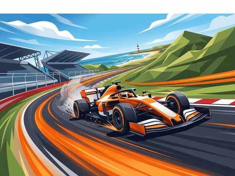 Dynamic Orange Formula Racing Car Speeding on a Coastal Track Near the Ocean with Lighthouse View