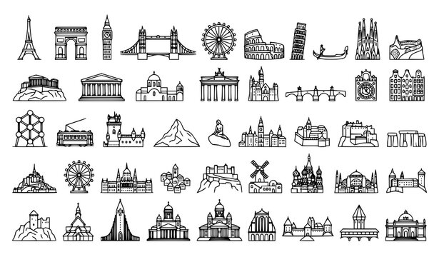 European Vacation Landmarks and Tourism Outline Vector Icon Collection