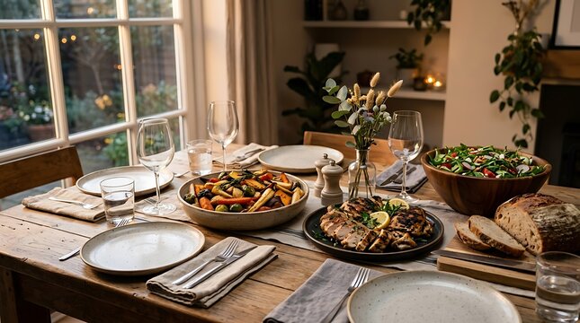 A wooden dining table laden with a festive dinner spread featuring roasted vegetables, grilled chicken, fresh green salad, sliced bread, water glasses, and white ceramic plates.