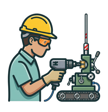 Worker drilling with a portable magnetic drill press vector illustration