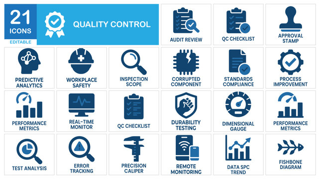 Quality control solid icon set. Includes symbols for Quality Assurance, Product Inspection, and Standards Compliance. Vector icons for manufacturing reports, compliance audit presentations, and QA tes