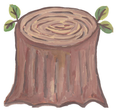 Illustrated Brown Tree Stump with Leaves Isolated