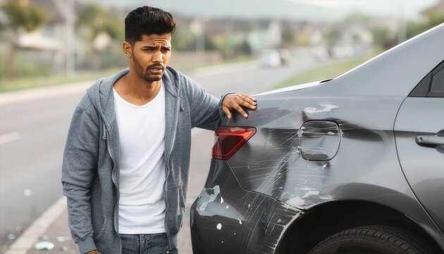 Frustrated young male driver inspecting a deeply dented rear quarter panel.