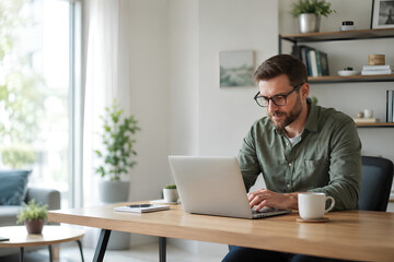 Obraz premium Remote professional working on laptop with coffee at home