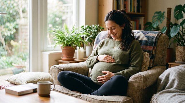 Smiling pregnant woman sitting comfortably in an armchair holding her belly with plants and books in the background