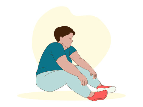 A young person feeling sad or dejected sits on the ground in despair over their obesity. Hopeless illustrations. Flat vector concepts.