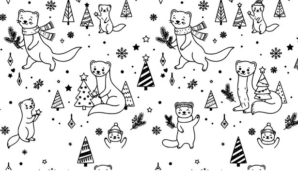 Minimal Nordic Ermine Christmas Seamless Pattern with Hand Drawn Winter Decorations