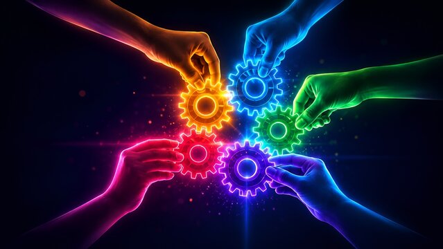 Diverse neon colored hands connecting glowing digital gears. Concept of corporate teamwork and technological synergy.