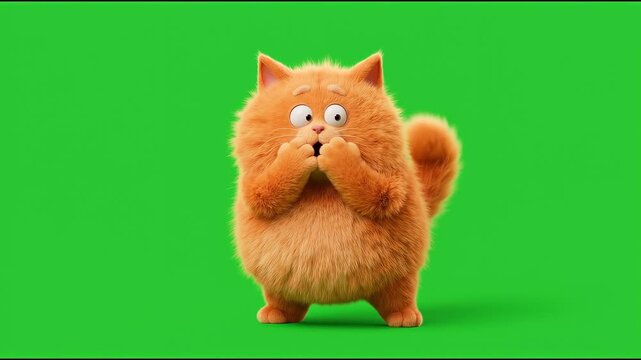 3D animated shocked fluffy orange cat covering mouth on green screen backdrop.