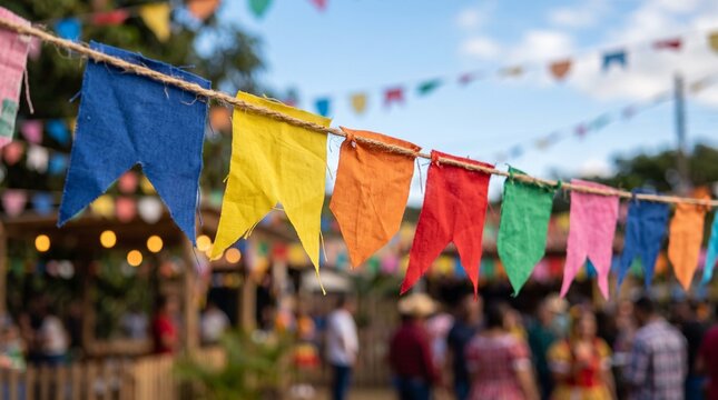 Colorful Festa Junina flags strung across a festive outdoor gathering with blurred people and lights