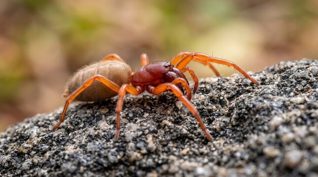 Woodlouse spider crawling on rock surface with its reddish head and tan abdomen visible in a macro shot showing details of the stone texture