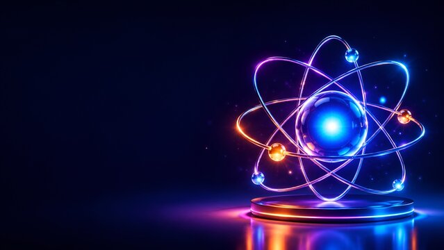Glowing neon atom structure on a display podium against a dark background. Concept of quantum physics, nuclear energy, and advanced scientific research.