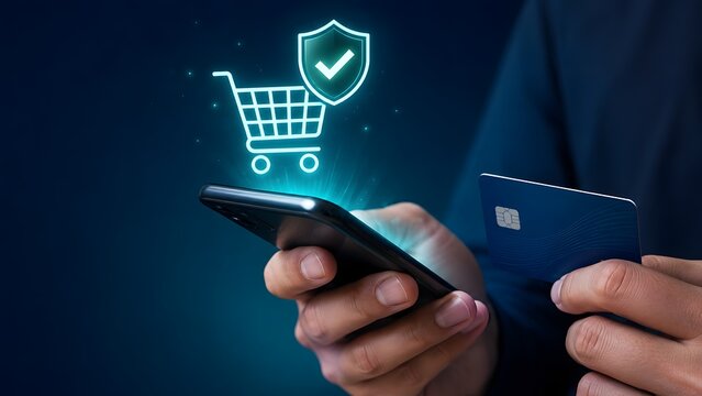 Businessman hands holding smartphone and credit card with glowing hologram. Concept of secure e-commerce payment, and online banking transaction.