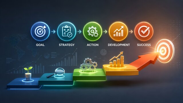 Glowing process icons showing steps from goal to success with an arrow hitting a target. Concept of business strategy and development stages.