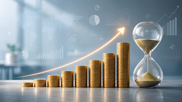 Stacks of gold coins showing an upward trend next to an hourglass. Concept of long term financial investment and compound interest over time.