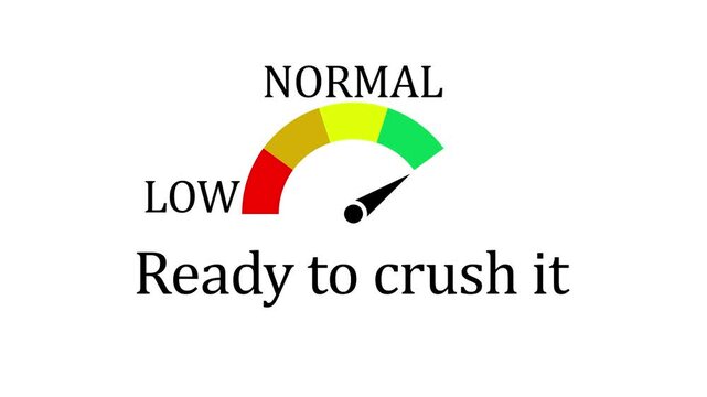 Animated speedometer gauge moving from low to with "ready to crush it" text overlay for business success and motivation concepts