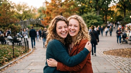 Fototapeta premium Two happy young women hugging and laughing in a park during autumn with colorful trees and people in the background