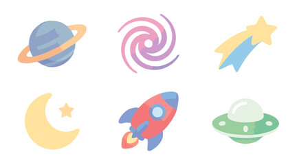Cute hand-drawn space icon set with soft pastel celestial elements © Duel