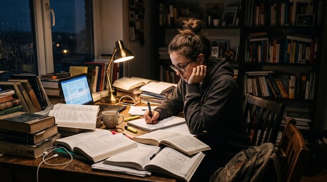 Young woman studying late at night surrounded by books and notes with a laptop and desk lamp