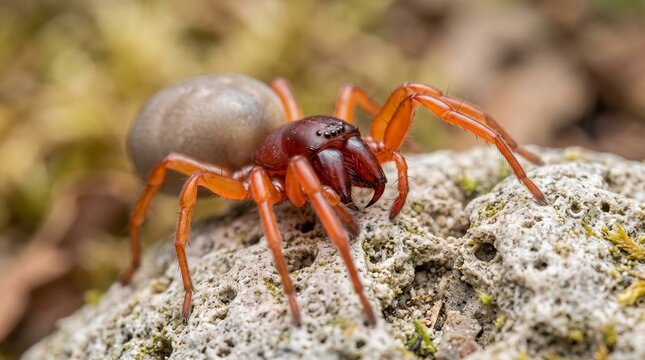 Woodlouse spider (Dysdera crocata) resting on a textured limestone rock in its natural habitat, close-up macro photography of a predatory arachnid