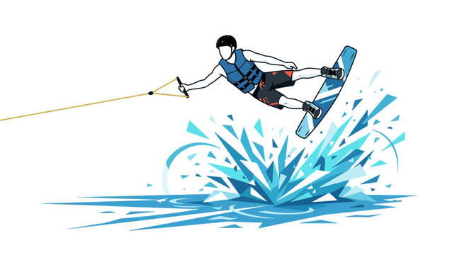 A dynamic illustration of a wakeboarder performing an aerial trick over a water splash.