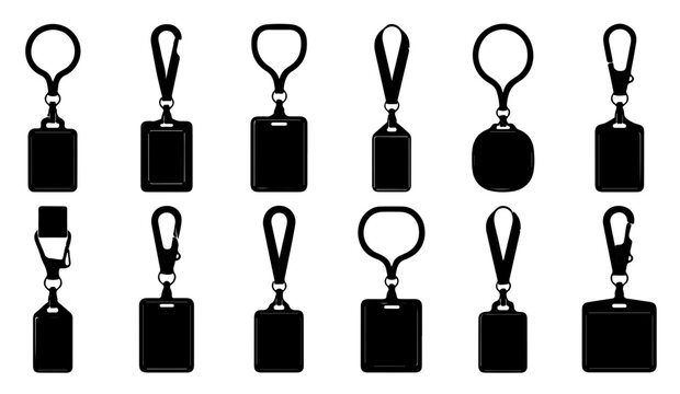 Black lanyard holder and key fob silhouettes for identification cards badges access control.