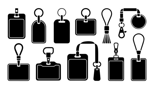 Black empty id card holders and key fobs silhouette set for secure access badges.