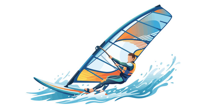 A vibrant illustration of a windsurfer gliding across the water with a colorful sail.