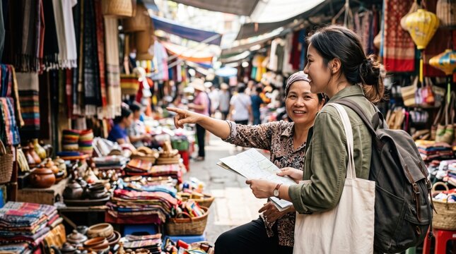 Female Traveler at Local Market concept. Two women engage in conversation while shopping at a vibrant outdoor market.