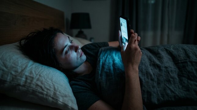 Young person lying in bed at night using a smartphone with screen light illuminating their face, concept of insomnia and digital addiction