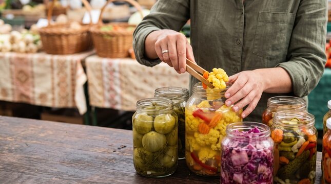 Female Traveler at Local Market concept. Person using tongs to put pickled vegetables into a glass jar at a market stall