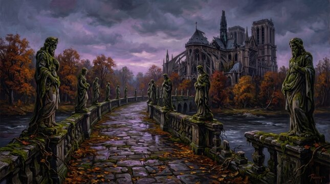 A gothic-style cathedral looms under a moody sky, viewed from a stone bridge lined with statues and surrounded by autumn trees.
