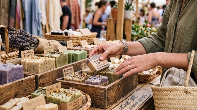 Female Traveler at Local Market concept. Person selecting natural soap bars at a market stall with various soaps displayed.