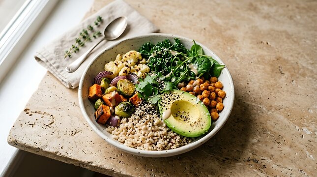 Nourishing grain bowl with sliced avocado, roasted sweet potatoes, Brussels sprouts, kale, chickpeas, and quinoa served in a white ceramic bowl on a light beige stone surface.