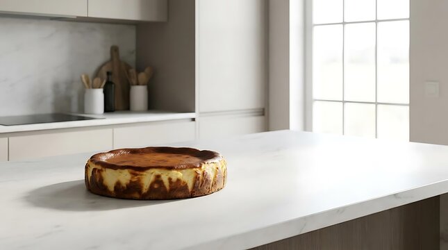 A freshly baked basque cheesecake placed on a clean white marble kitchen island in a modern minimalist bright home kitchen interior for food photography.