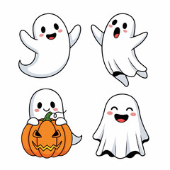 Fototapeta premium Cute Halloween Ghosts and Pumpkin Collection