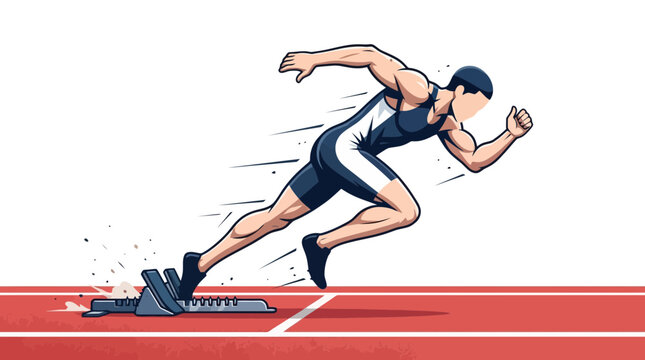 A muscular male sprinter exploding from the starting blocks on a running track.
