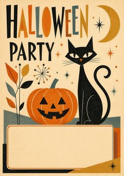 Halloween party invitation with jackolantern black cat and autumn decorations