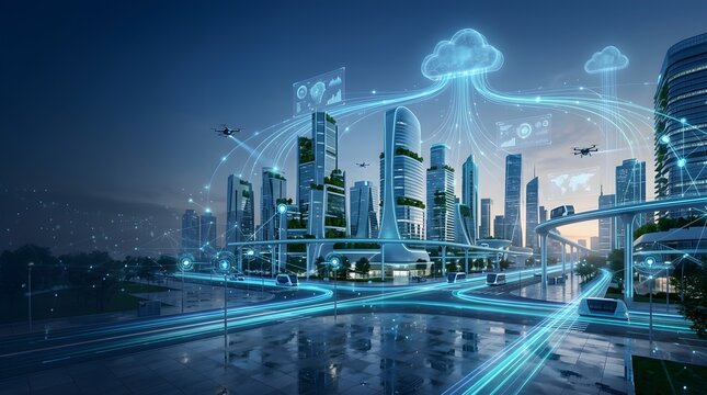 Futuristic smart city technology with cloud computing and green buildings