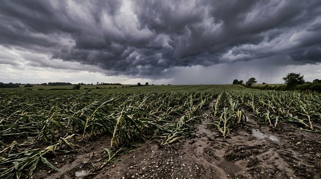 Flattened corn crops in muddy field under storm clouds