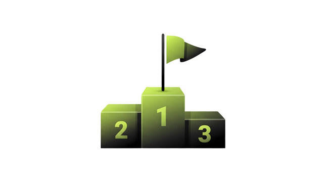Green podium with first, second, and third place blocks, a flag on top of the first place block, against a white background