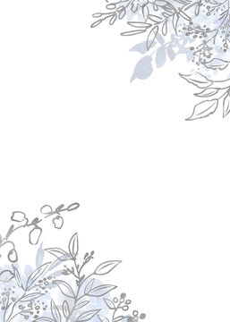 Winter Botanical Line Art Background with Hand-Painted Watercolor Flowers for Wedding Invitations and Greeting Cards