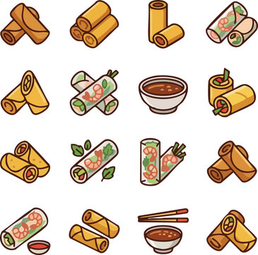 Spring roll illustrations with dipping sauce and chopsticks on a white background.